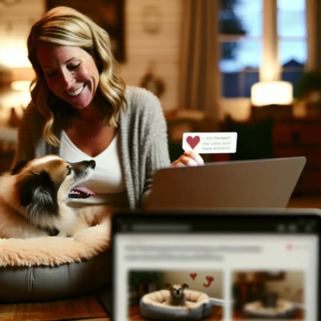 Klant met hond die een nieuw accessoire gebruikt en een beoordeling achterlaat