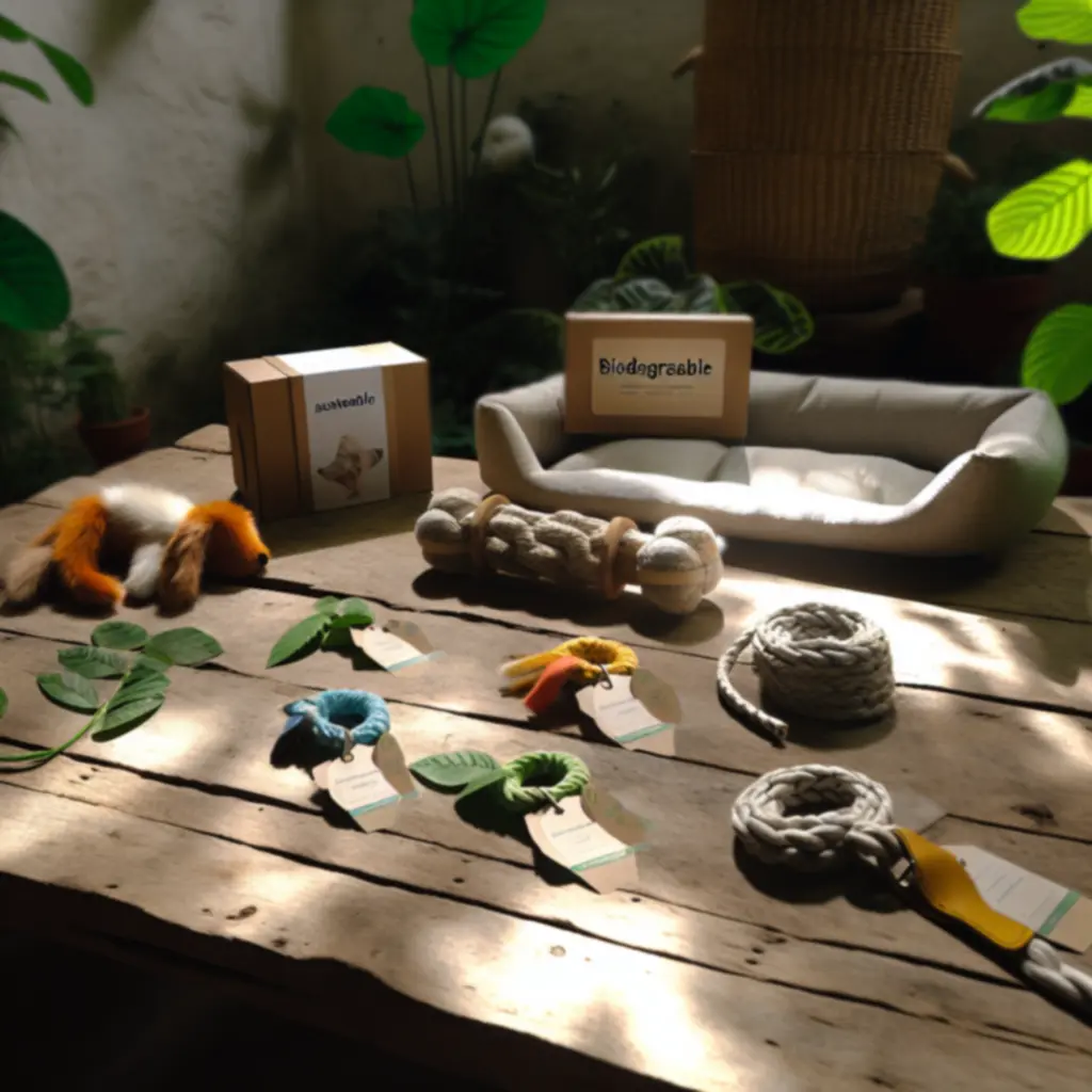 Display met eco-vriendelijke accessoires voor huisdieren, zoals manden en speeltjes van duurzame materialen