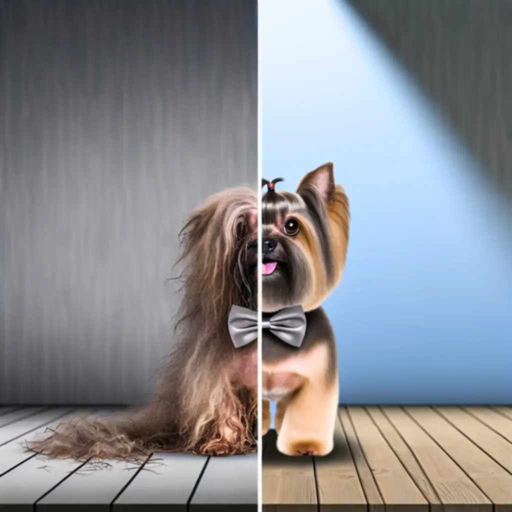 Voor- en nafoto van een hond na een uitgebreide trimsessie