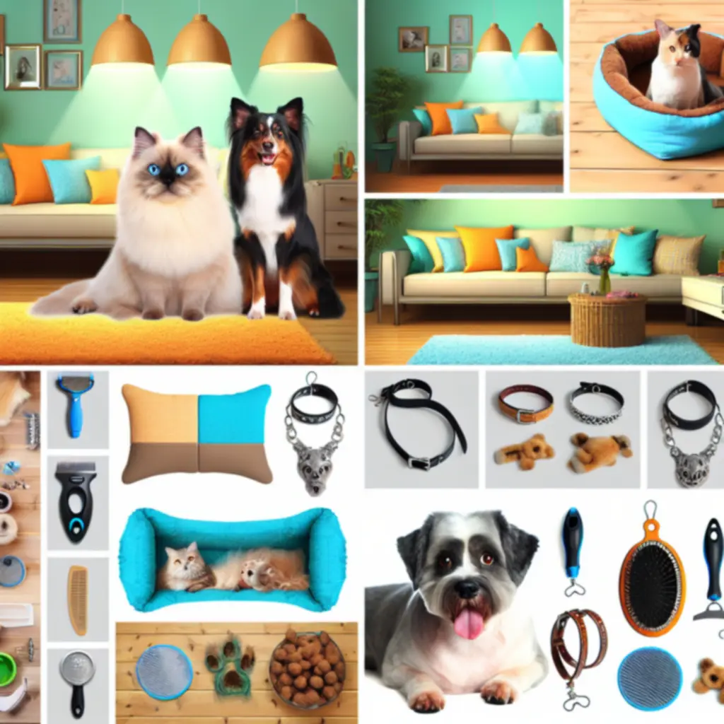 Vrolijke hond en kat met kleurige halsbanden, speeltjes en een comfortabele mand