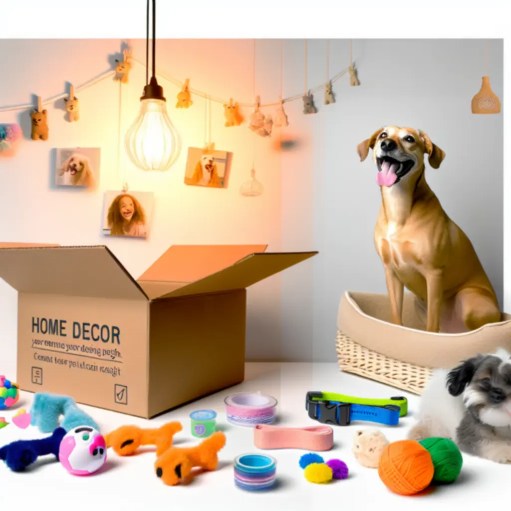 Blije hond tussen vrolijke petshop-artikelen