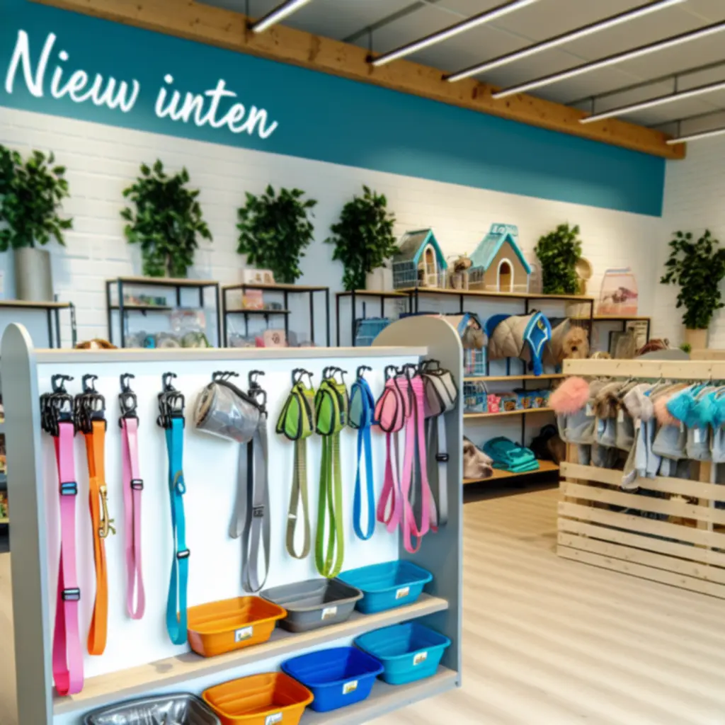 Display met de nieuwste accessoires voor huisdieren, zoals speeltjes en kleurrijke manden
