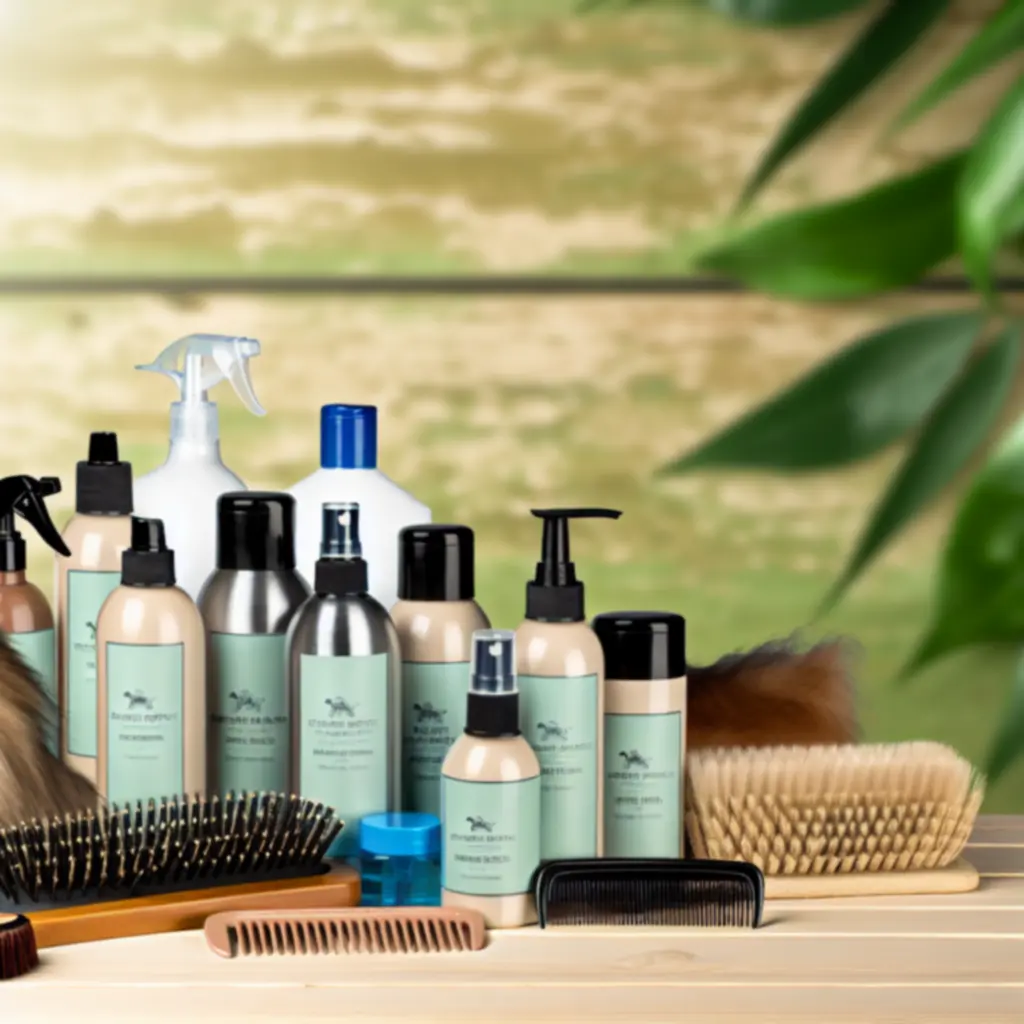 Display met verschillende verzorgingsproducten voor huisdieren